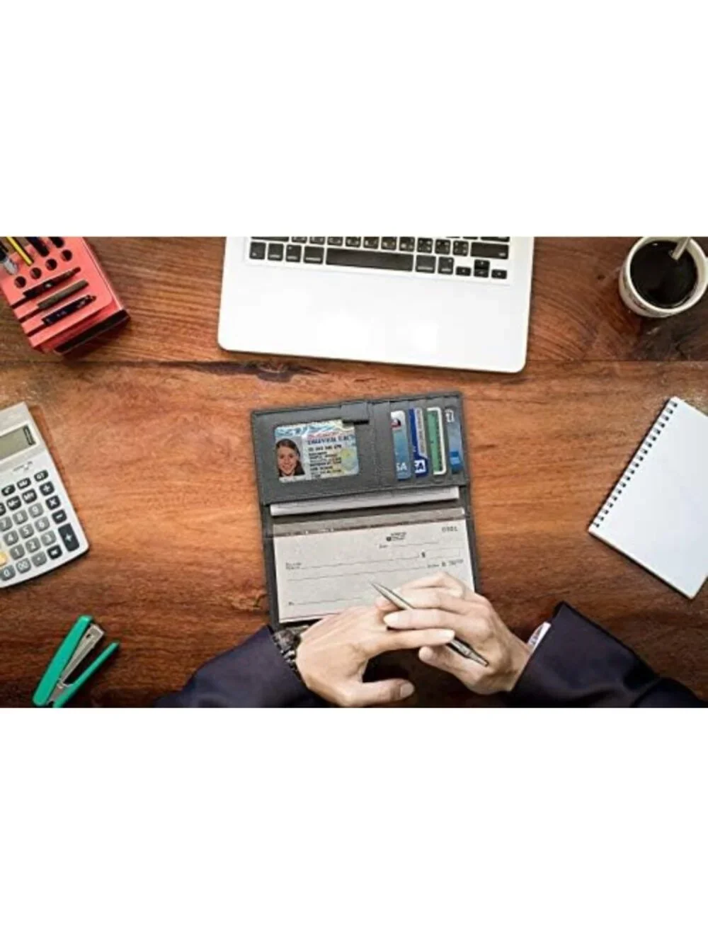Stylish RFID Leather Checkbook Cover with Credit Card Slots & Pen Holder